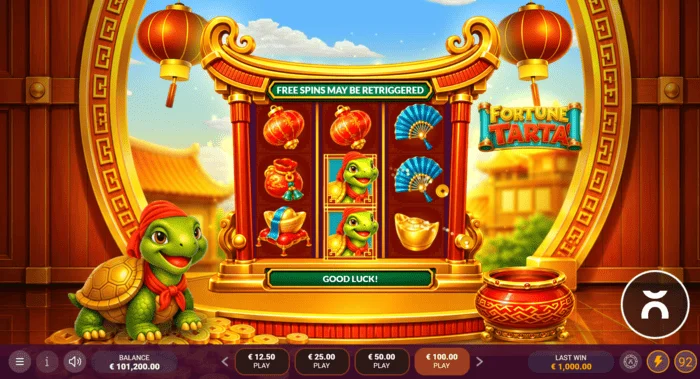 Fortune Tarta - tela do jogo com as bobinas e a tartaruga